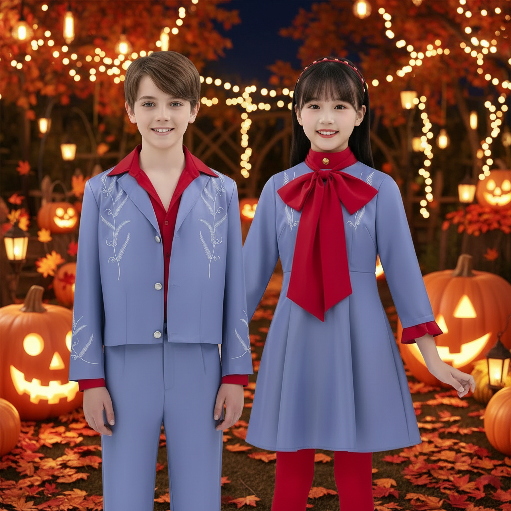 Girls' Halloween Anime Cosplay Costume Dress and Suit Set with Red Bow Tie and Collar for Party