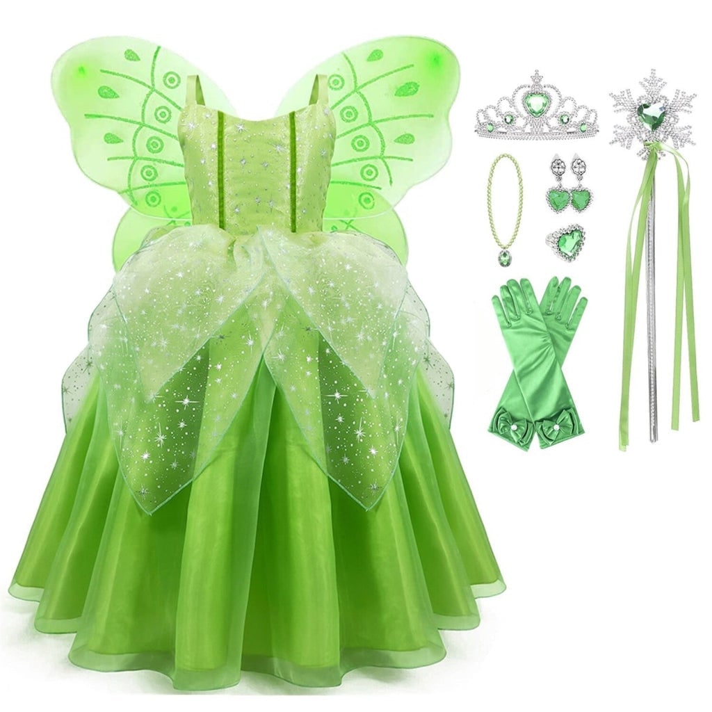 Girls' Halloween Fairy Costume Dress with Wings Tiara Wand and Gloves for Children's Outfit and Party