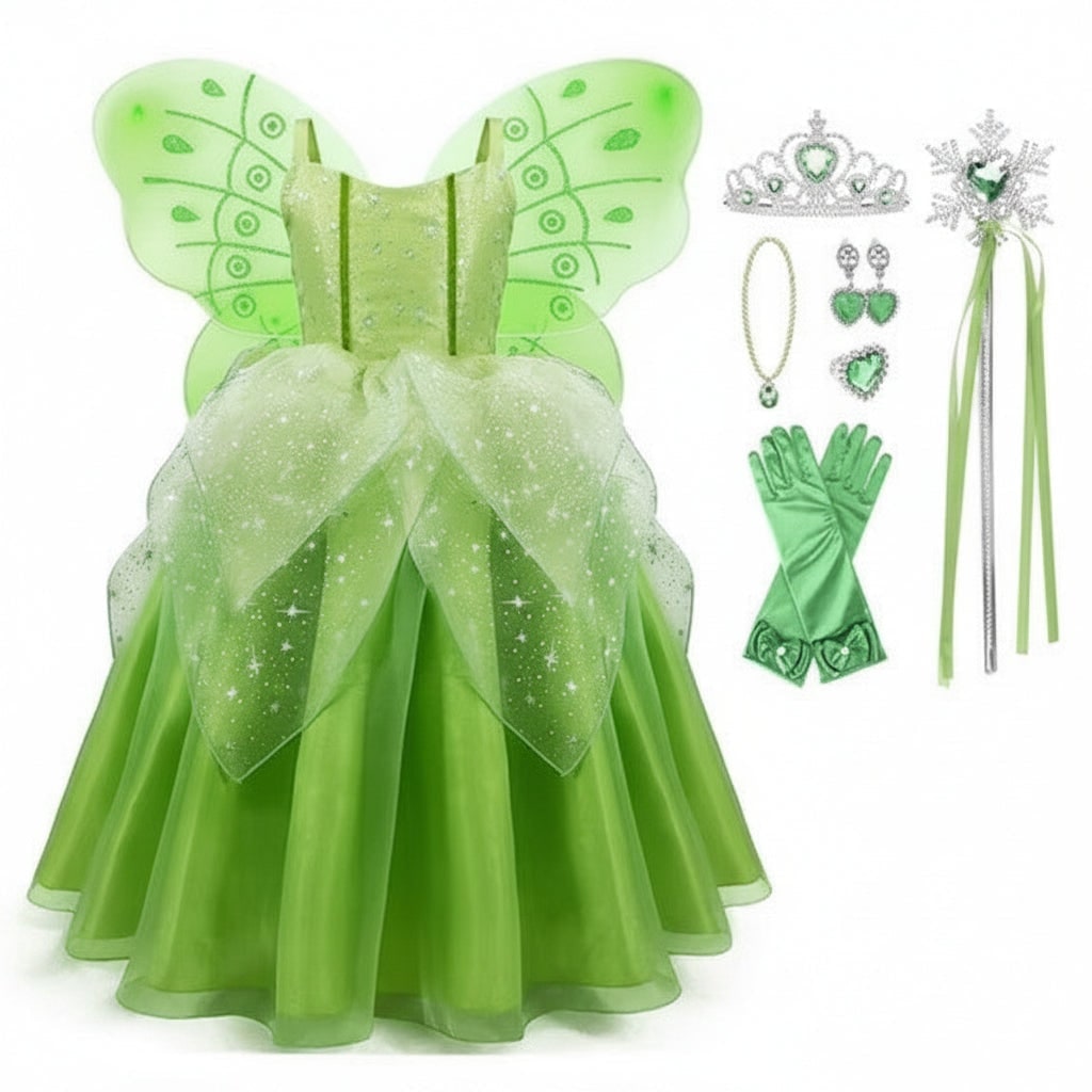 Girls' Halloween Fairy Costume Dress with Wings Tiara Wand and Gloves for Children's Outfit and Party