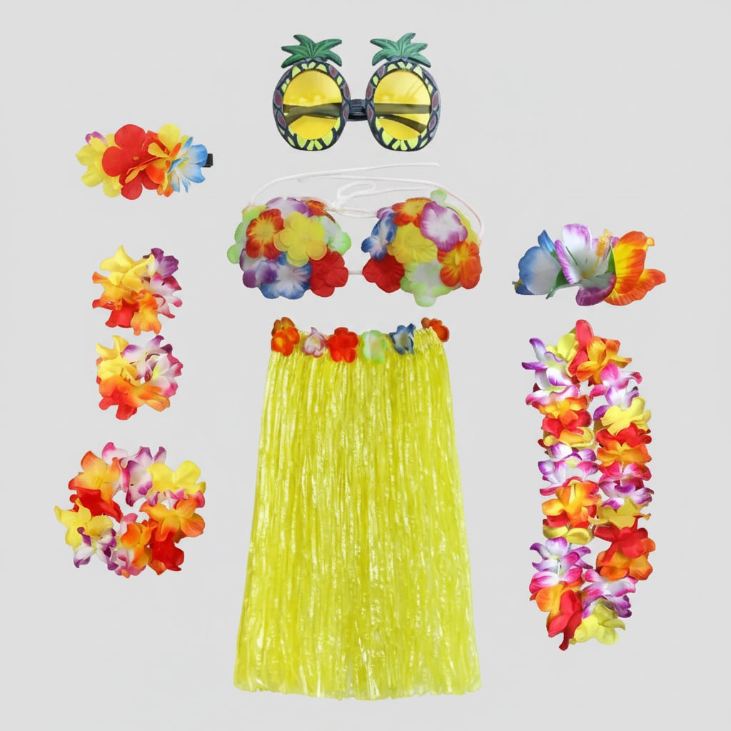 Girls' Halloween Group of Four Hula Skirt Costume Set with Grass Flower Lei Headband and Wristbands