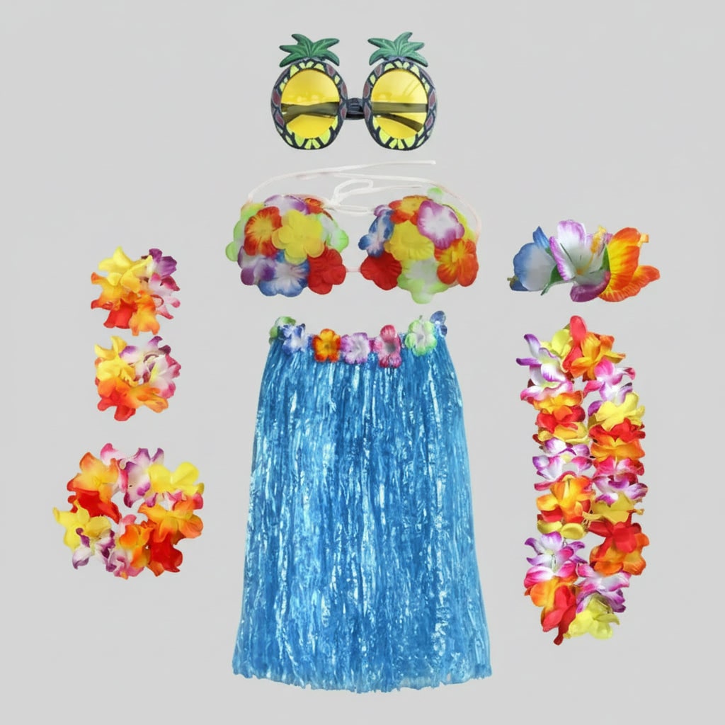 Girls' Halloween Group of Four Hula Skirt Costume Set with Grass Flower Lei Headband and Wristbands