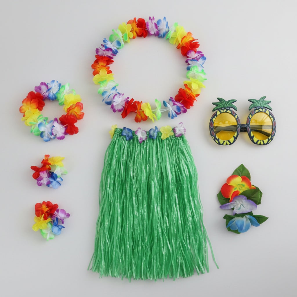 Girls' Halloween Group of Four Hula Skirt Costume Set with Grass Flower Lei Headband and Wristbands