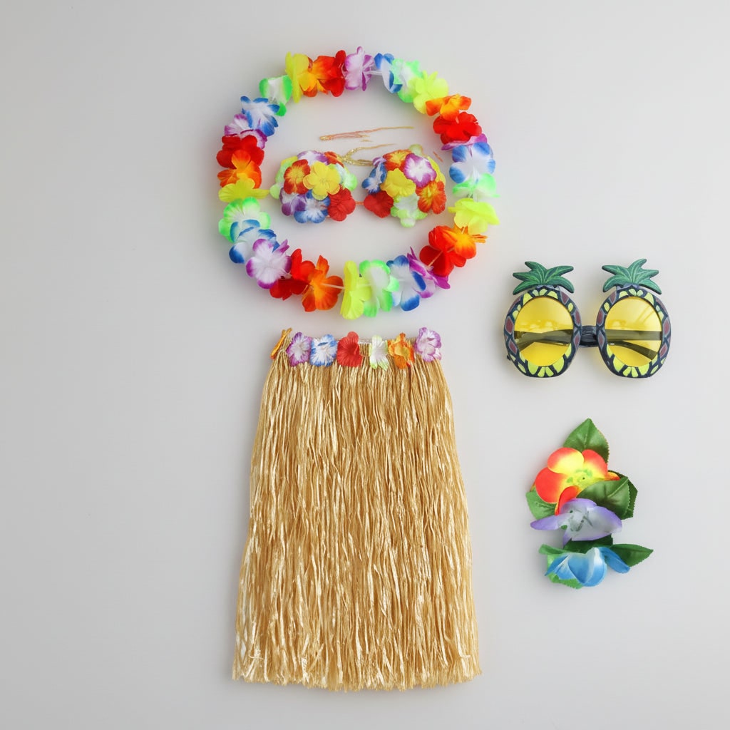 Girls' Halloween Group of Four Hula Skirt Costume Set with Grass Flower Lei Headband and Wristbands