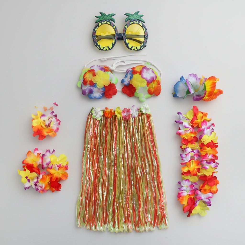 Girls' Halloween Group of Four Hula Skirt Costume Set with Grass Flower Lei Headband and Wristbands