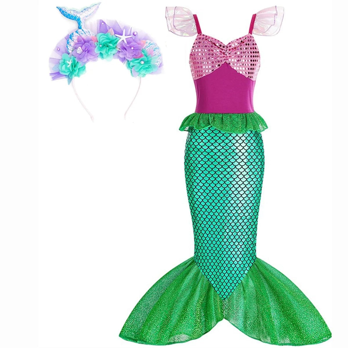 Girls' Halloween Mermaid Costume Outfit with Accessories for Dress-Up Party Ariel