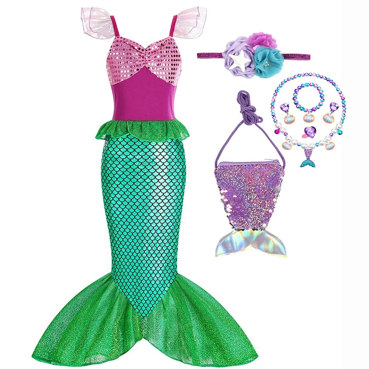 Girls' Halloween Mermaid Costume Outfit with Accessories for Dress-Up Party Ariel