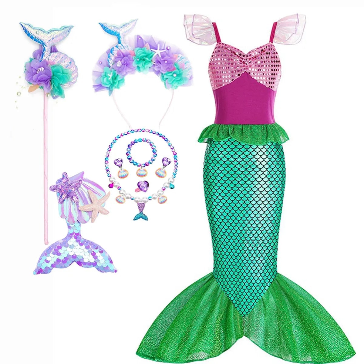Girls' Halloween Mermaid Costume Outfit with Accessories for Dress-Up Party Ariel
