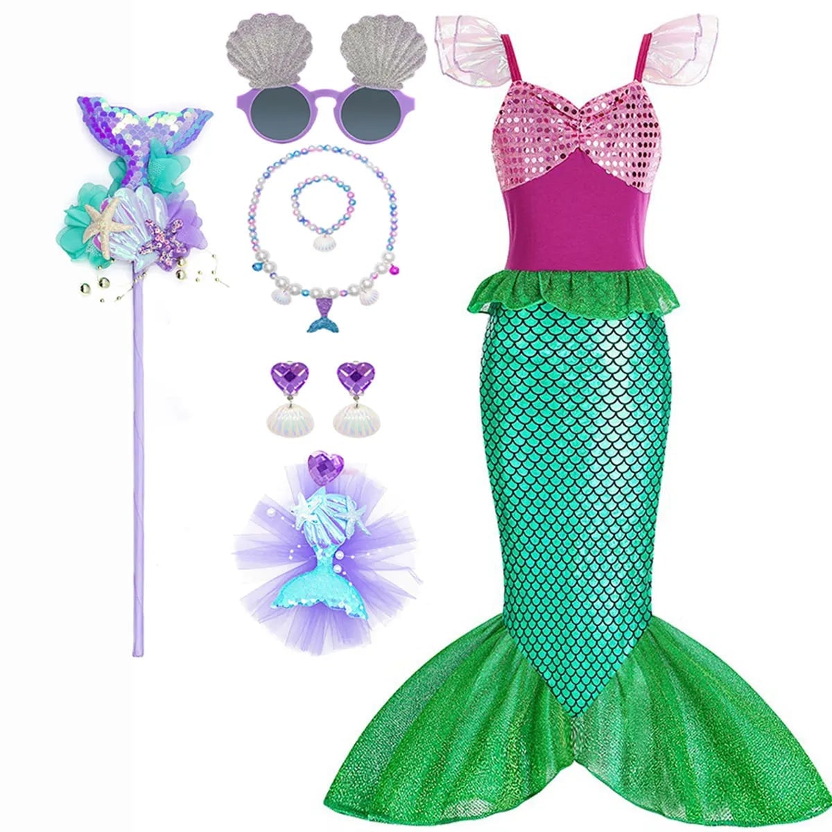 Girls' Halloween Mermaid Costume Outfit with Accessories for Dress-Up Party Ariel