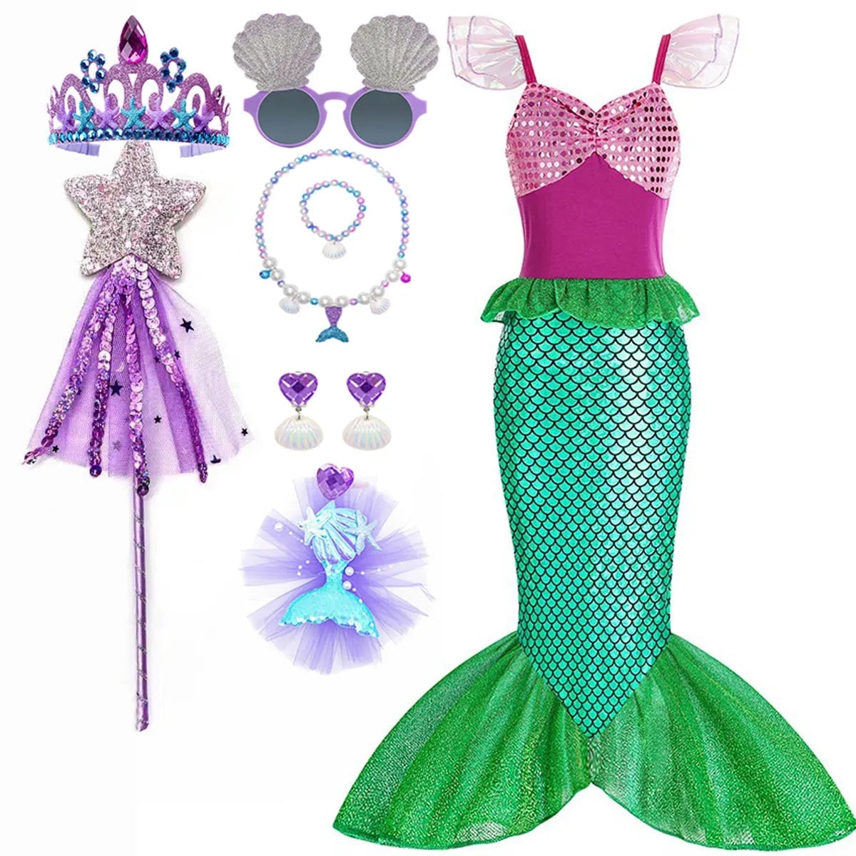 Girls' Halloween Mermaid Costume Outfit with Accessories for Dress-Up Party Ariel
