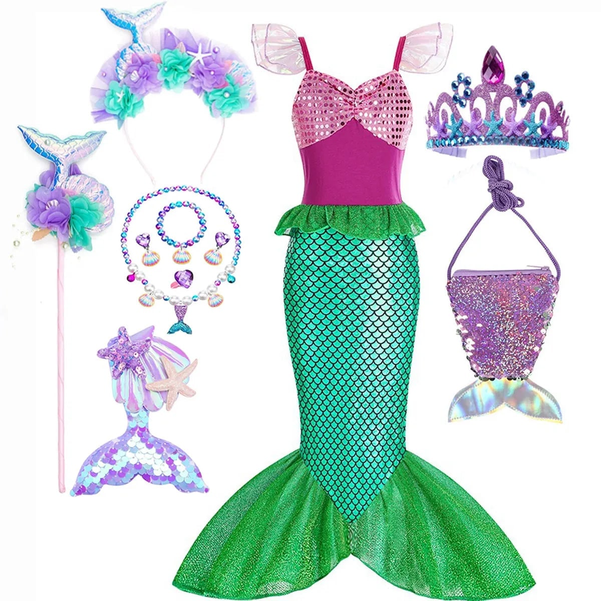Girls' Halloween Mermaid Costume Outfit with Accessories for Dress-Up Party Ariel
