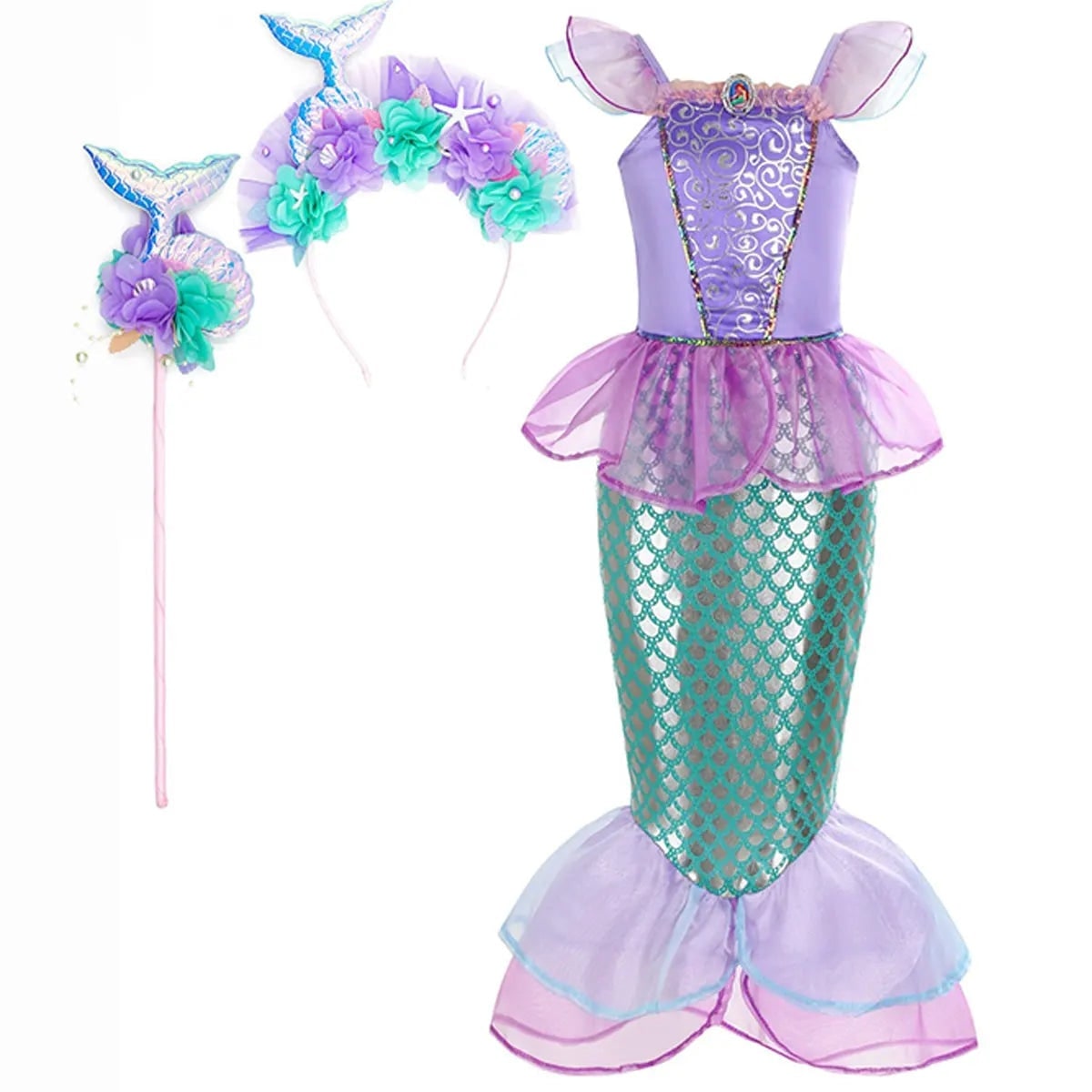 Girls' Halloween Mermaid Costume Outfit with Accessories for Dress-Up Party Ariel