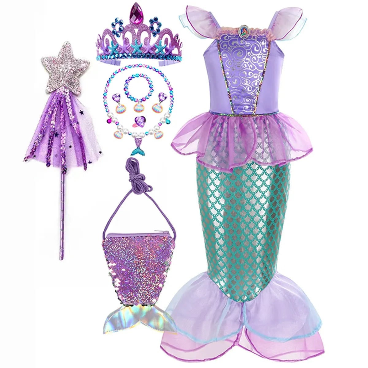 Girls' Halloween Mermaid Costume Outfit with Accessories for Dress-Up Party Ariel