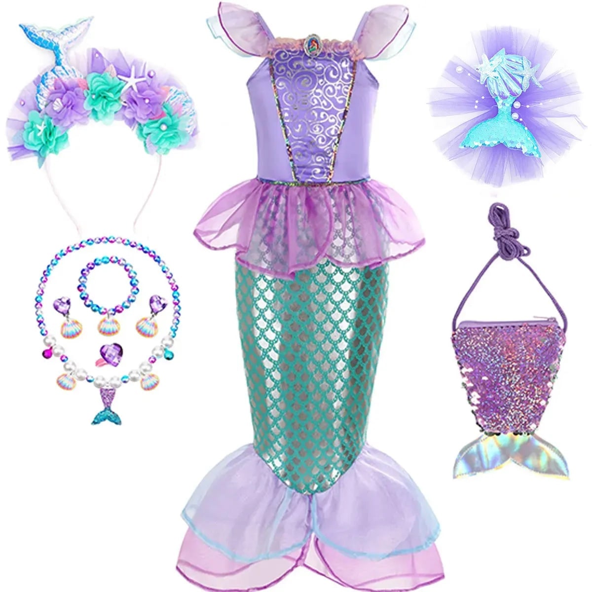Girls' Halloween Mermaid Costume Outfit with Accessories for Dress-Up Party Ariel