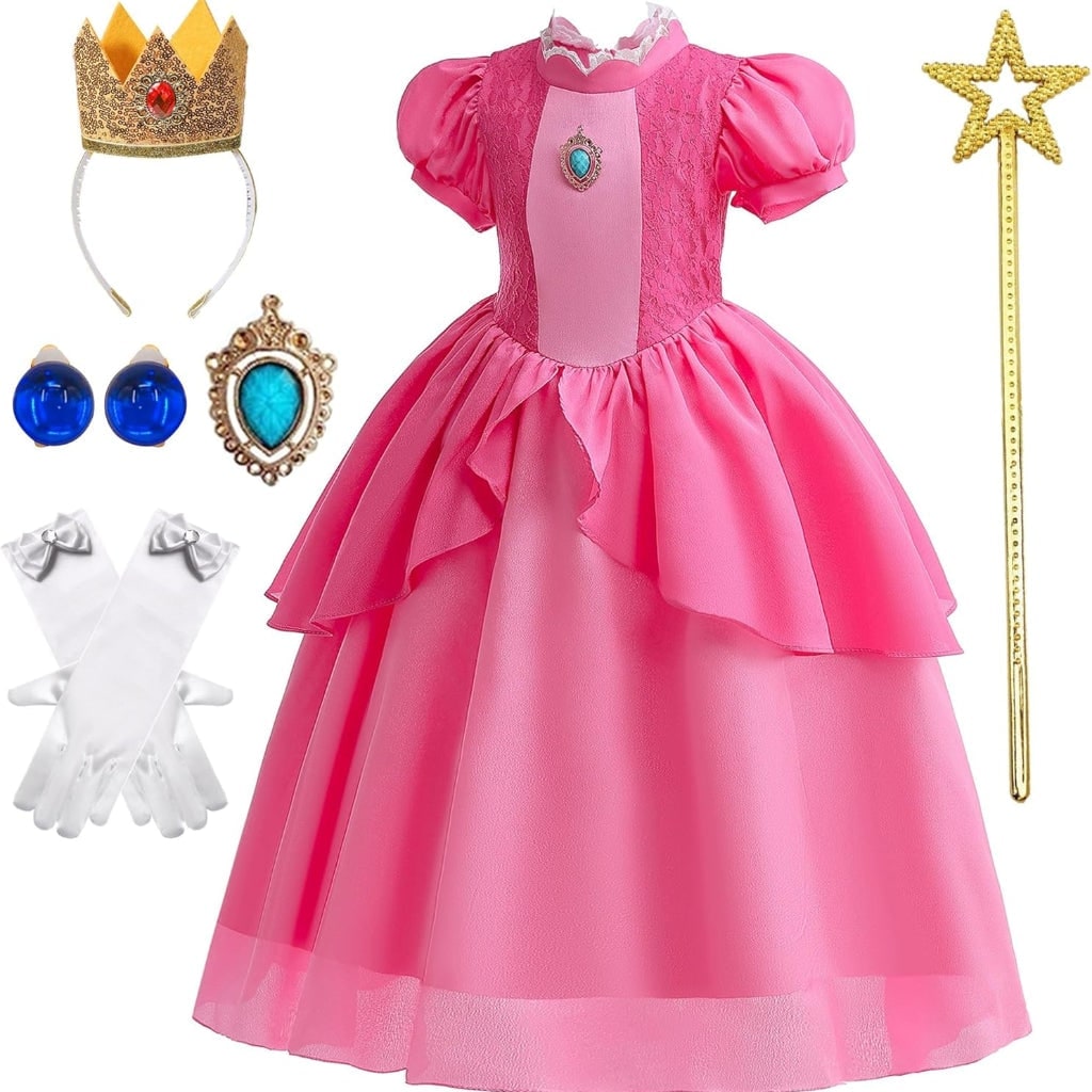 Girls' Halloween mushroom princess and Toadstool Costume Dress Set with Crown Gloves and Wand