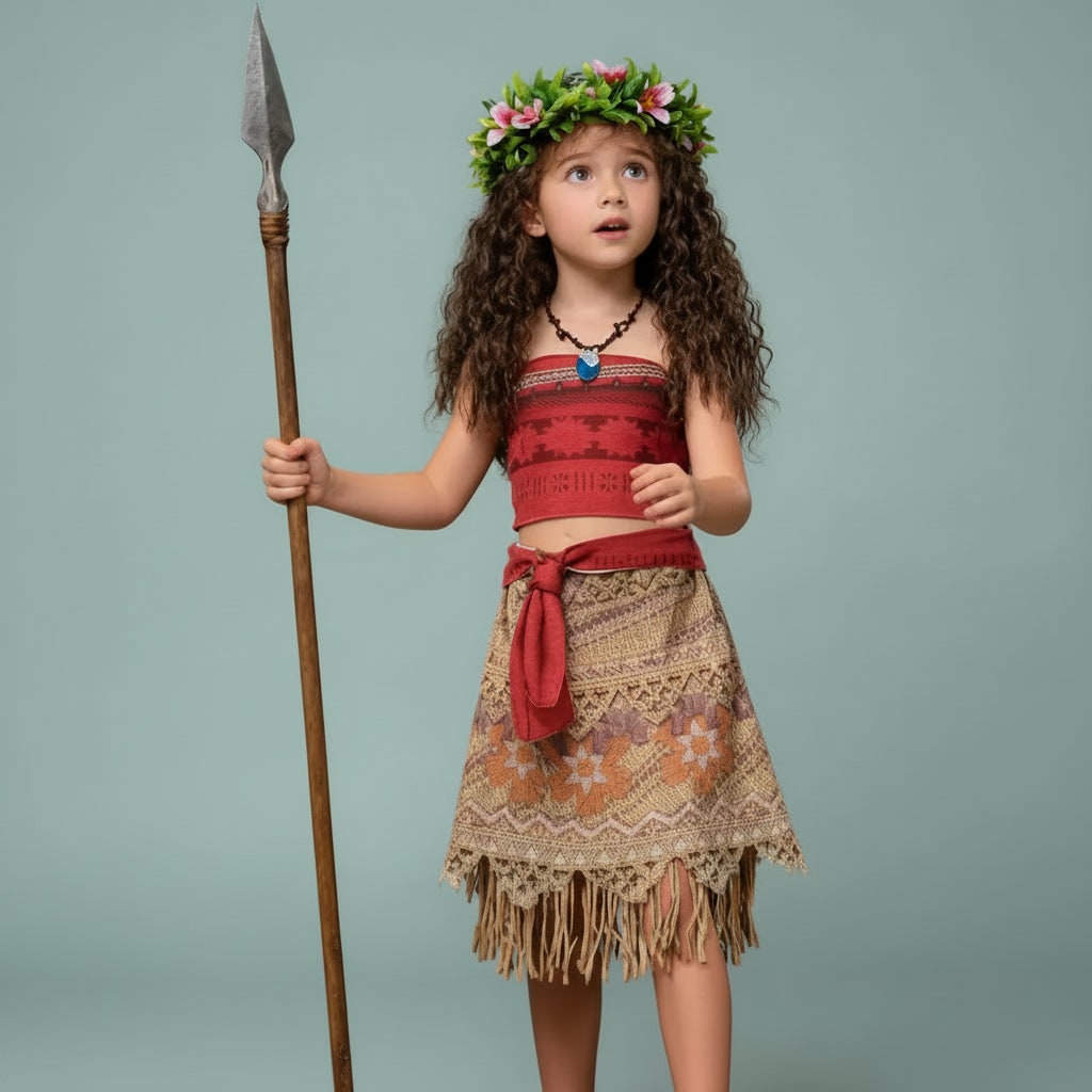 Girls' Halloween Island Princess Costume Two-Piece Set with Wig Flower Crown and Fringe Skirt