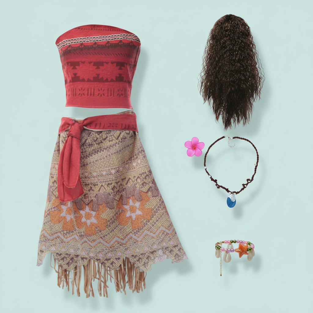 Girls' Halloween Island Princess Costume Two-Piece Set with Wig Flower Crown and Fringe Skirt