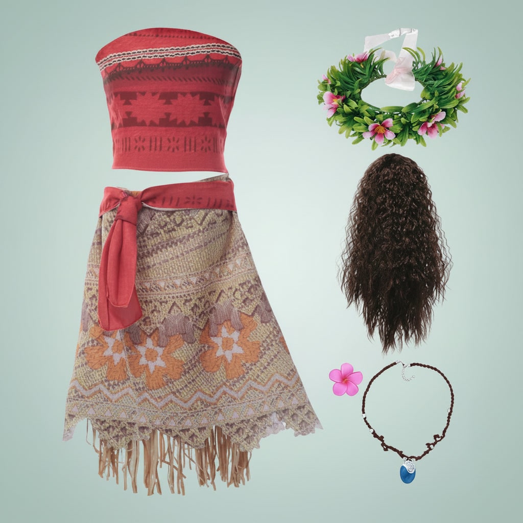 Girls' Halloween Island Princess Costume Two-Piece Set with Wig Flower Crown and Fringe Skirt