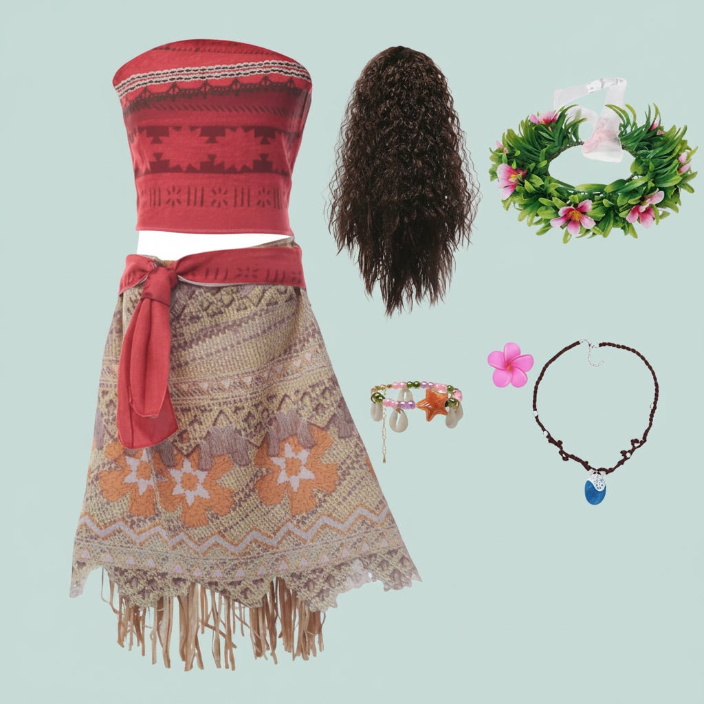 Girls' Halloween Island Princess Costume Two-Piece Set with Wig Flower Crown and Fringe Skirt