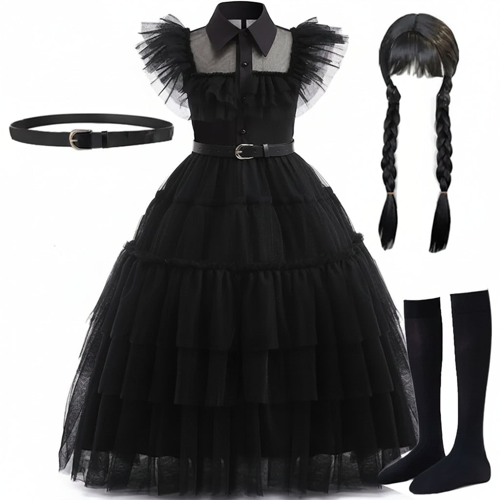 Girls' Wednesday Halloween Costume with Tiered Tulle Dress and Accessories