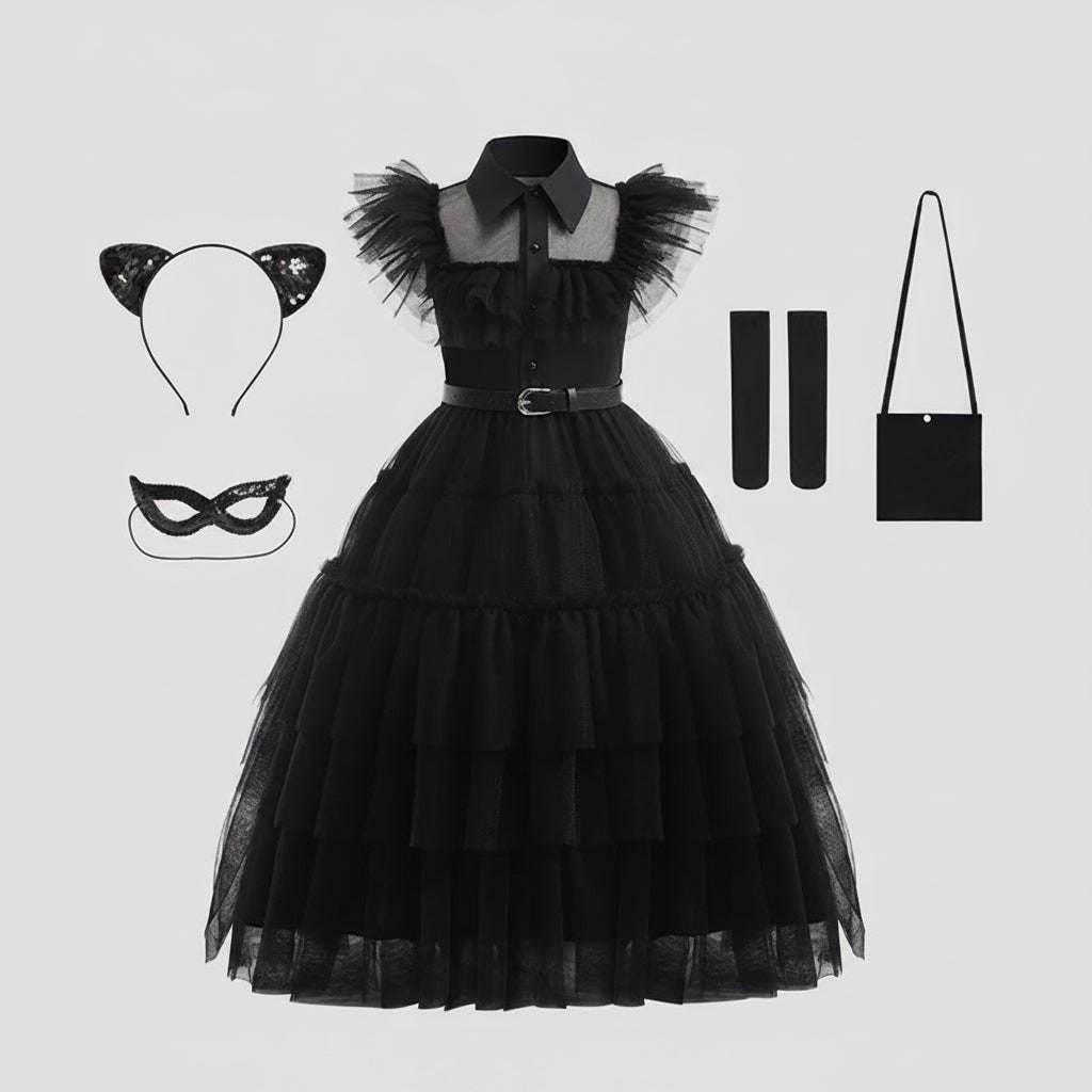 Girls' Wednesday Halloween Costume with Tiered Tulle Dress and Accessories