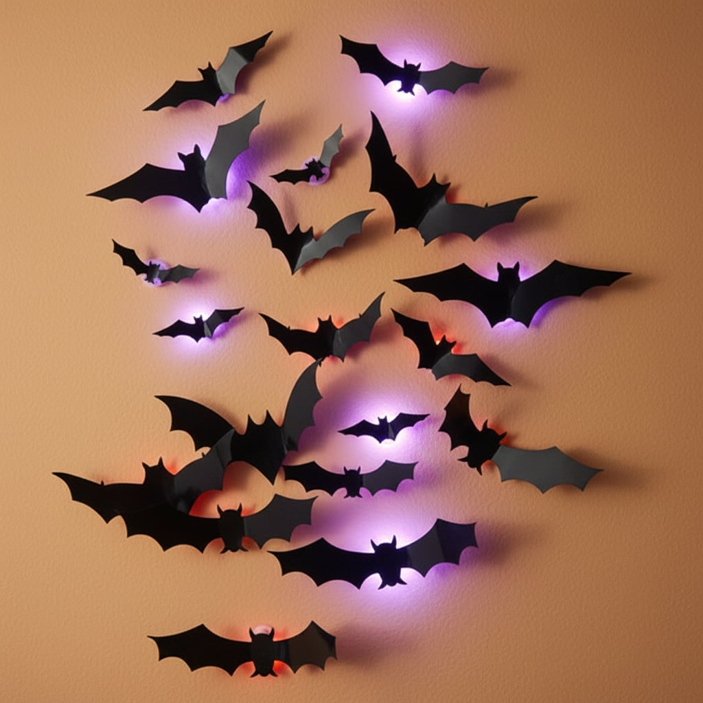 Halloween 3D Bat Wall Decals with LED Lights and Peel and Stick Art Clings for Spooky