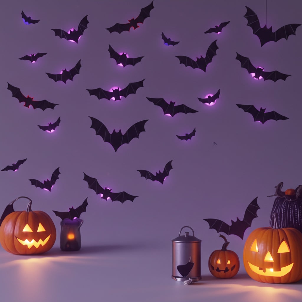 Halloween 3D Bat Wall Decals with LED Lights and Peel and Stick Art Clings for Spooky