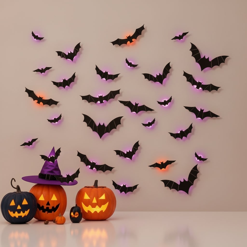 Halloween 3D Bat Wall Decals with LED Lights and Peel and Stick Art Clings for Spooky