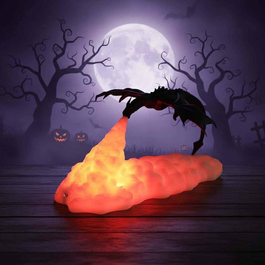 Halloween 3D Printed Dragon Night Light with USB Rechargeable LED Fire Glow