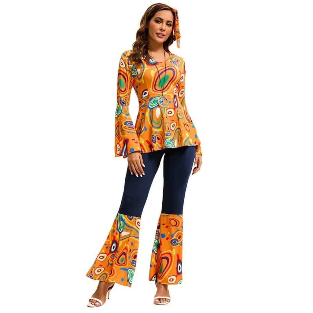 Halloween 70s Costume Hippie Bell Bottom Set with Headband and Psychedelic Print