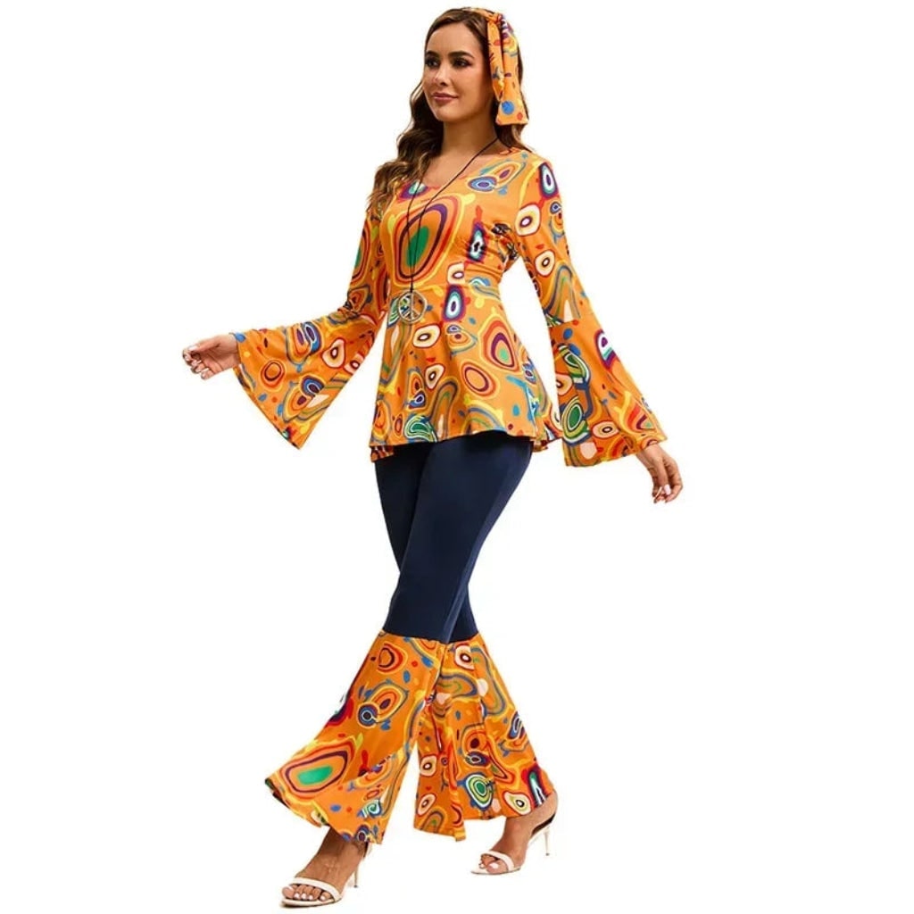 Halloween 70s Costume Hippie Bell Bottom Set with Headband and Psychedelic Print