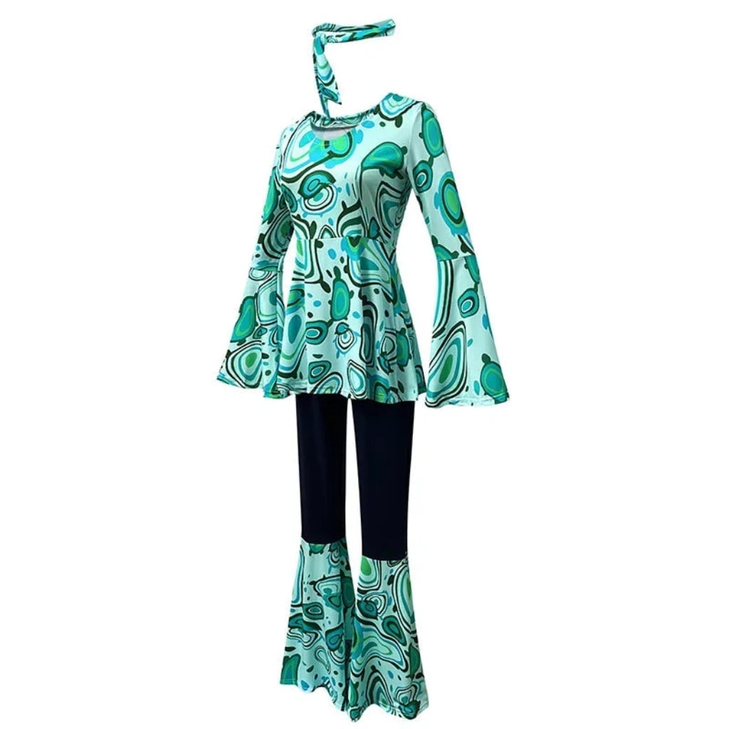 Halloween 70s Costume Hippie Bell Bottom Set with Headband and Psychedelic Print