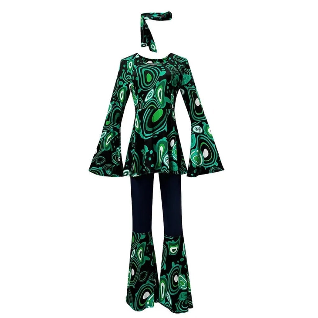 Halloween 70s Costume Hippie Bell Bottom Set with Headband and Psychedelic Print