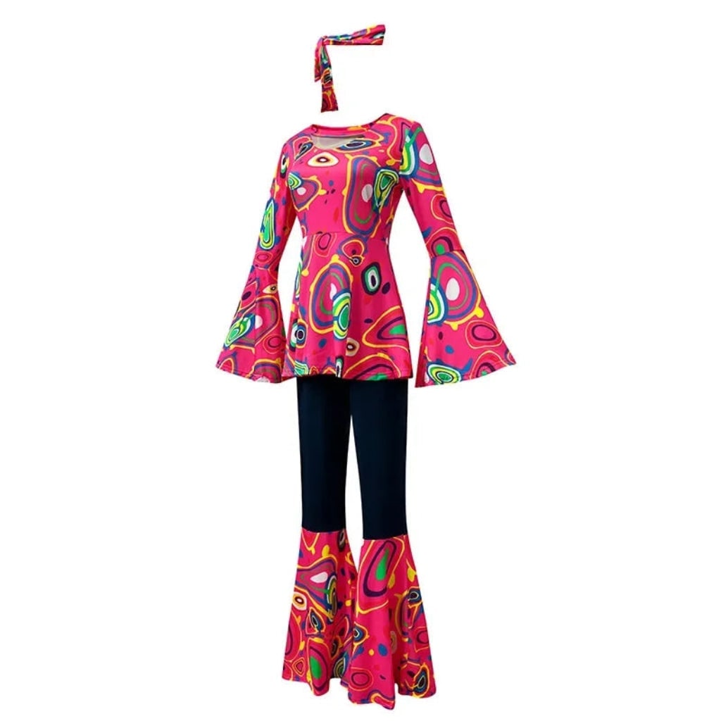 Halloween 70s Costume Hippie Bell Bottom Set with Headband and Psychedelic Print