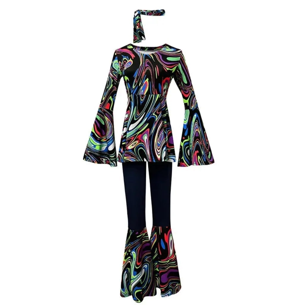 Halloween 70s Costume Hippie Bell Bottom Set with Headband and Psychedelic Print