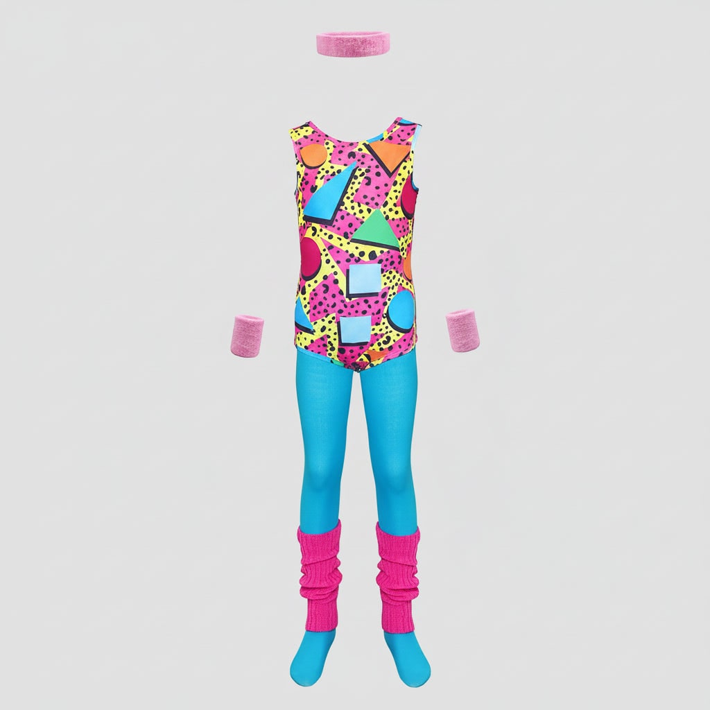 Halloween 80s Costume Party Outfit Workout Aerobics Leotard with Leg Warmers Headband and Wristbands