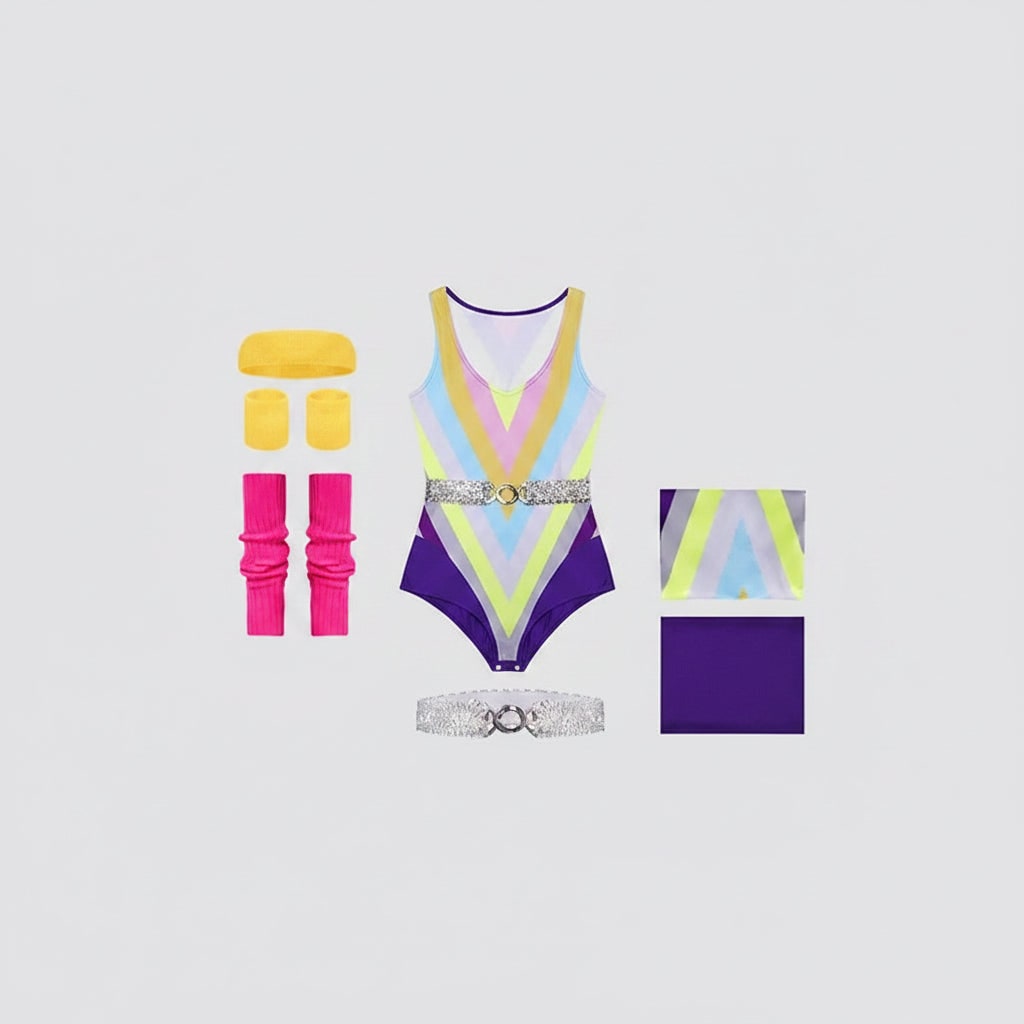 Halloween 80s Costume Party Outfit Workout Aerobics Leotard with Leg Warmers Headband and Wristbands