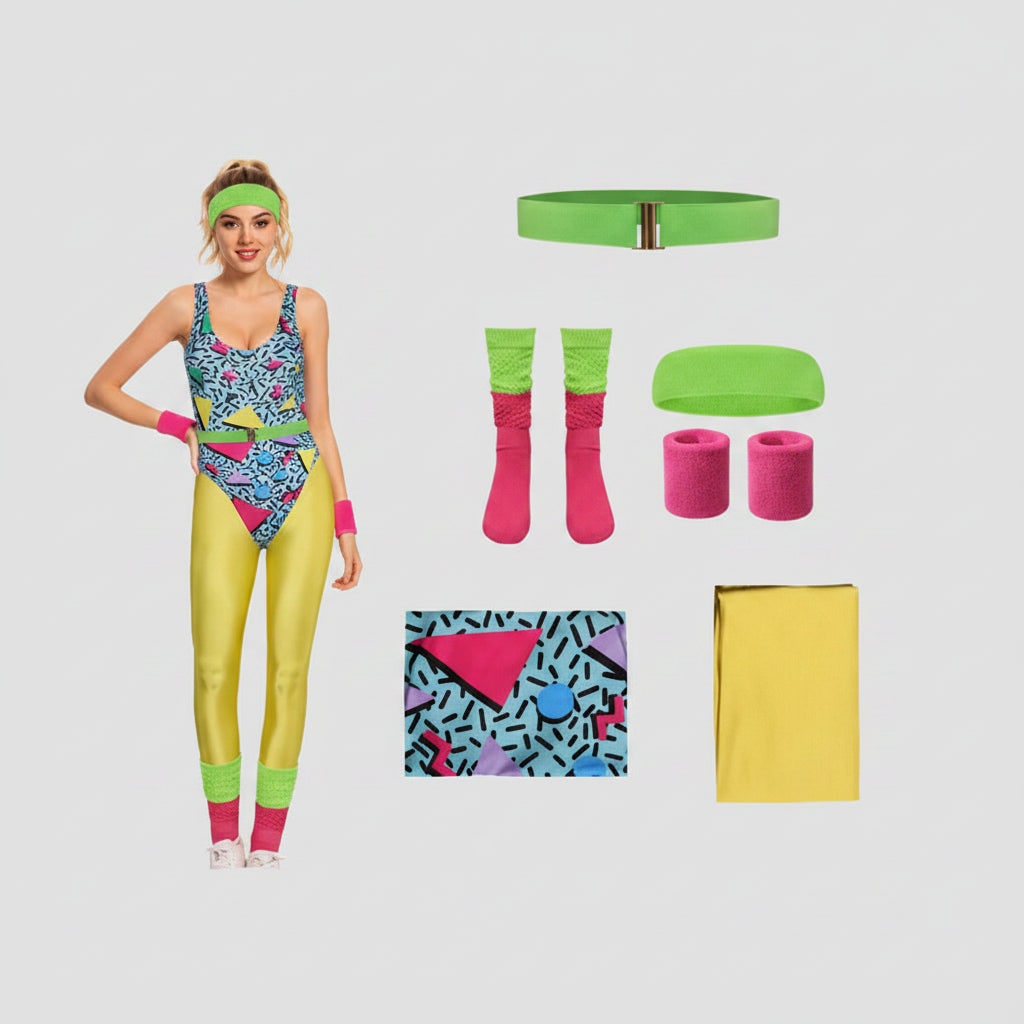 Halloween 80s Costume Party Outfit Workout Aerobics Leotard with Leg Warmers Headband and Wristbands