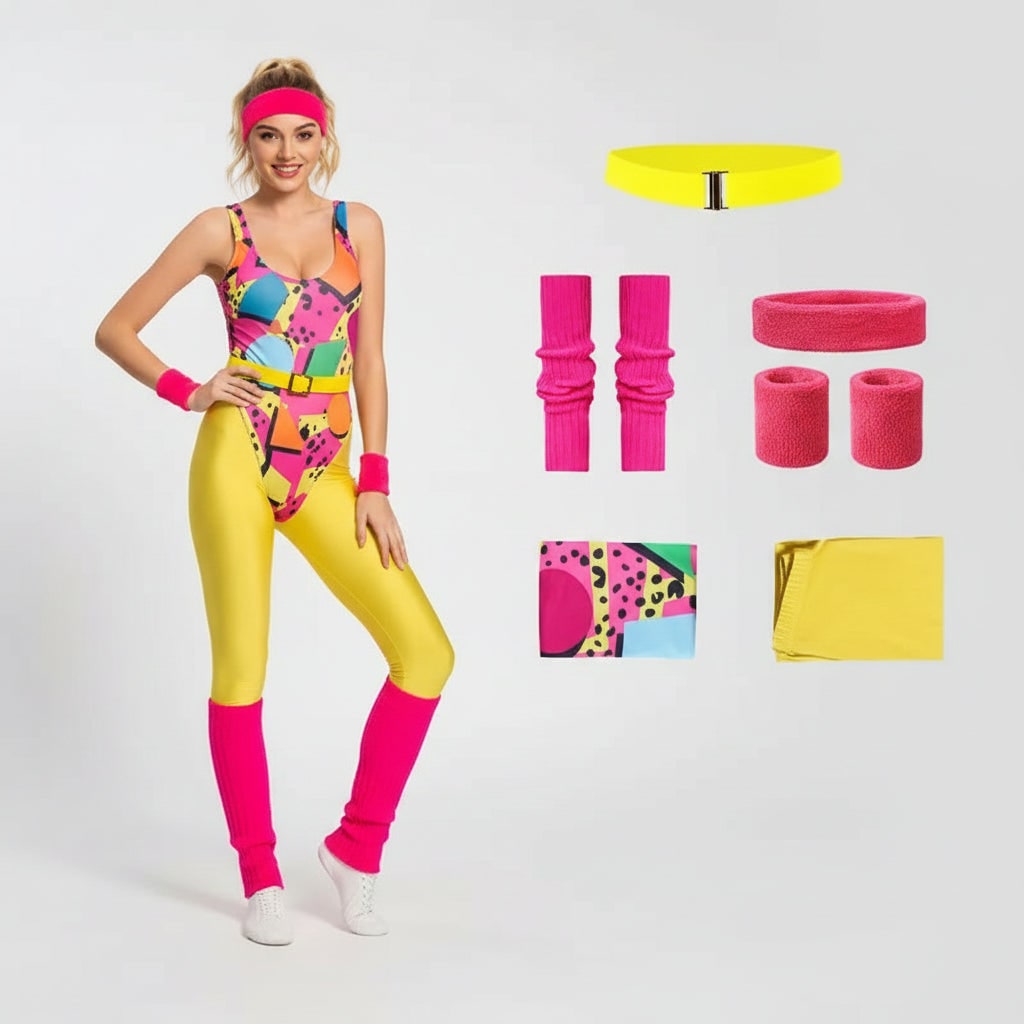 Halloween 80s Costume Party Outfit Workout Aerobics Leotard with Leg Warmers Headband and Wristbands