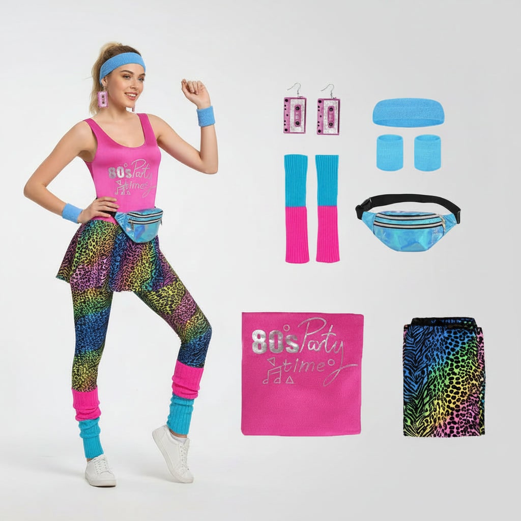Halloween 80s Costume Party Outfit Workout Aerobics Leotard with Leg Warmers Headband and Wristbands