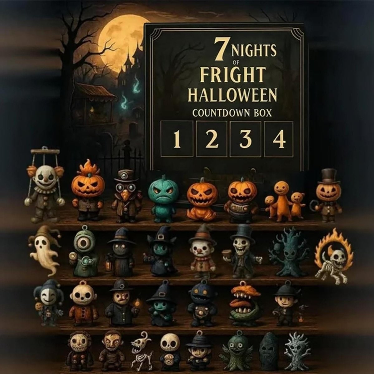 Halloween Advent Calendar Countdown Decor with Spooky Miniature Figurines