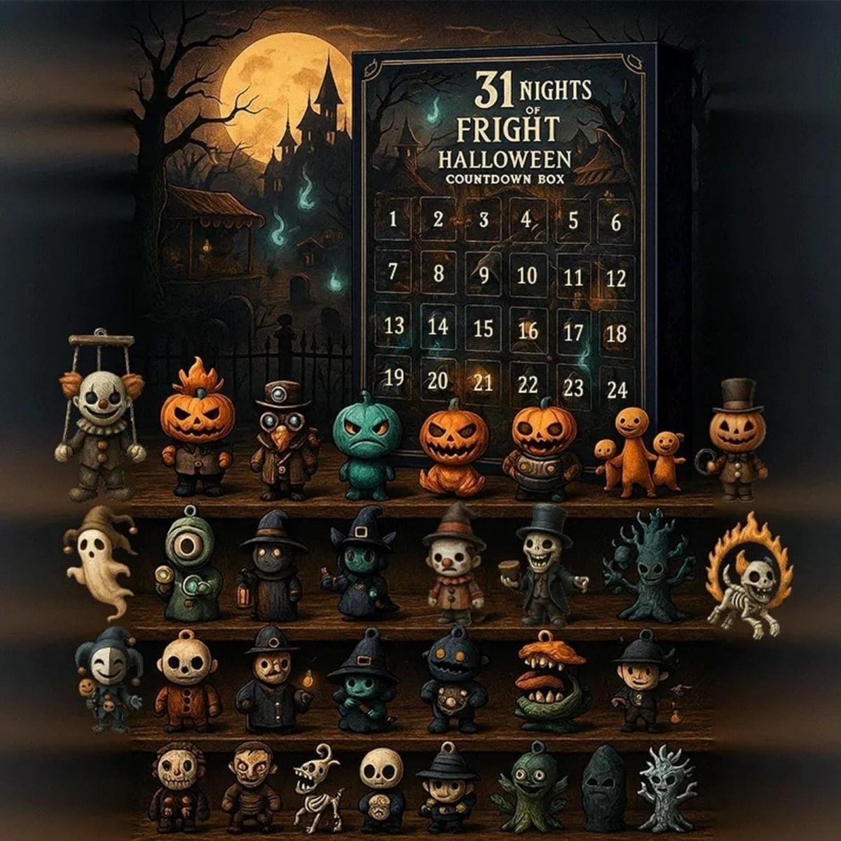 Halloween Advent Calendar Countdown Decor with Spooky Miniature Figurines