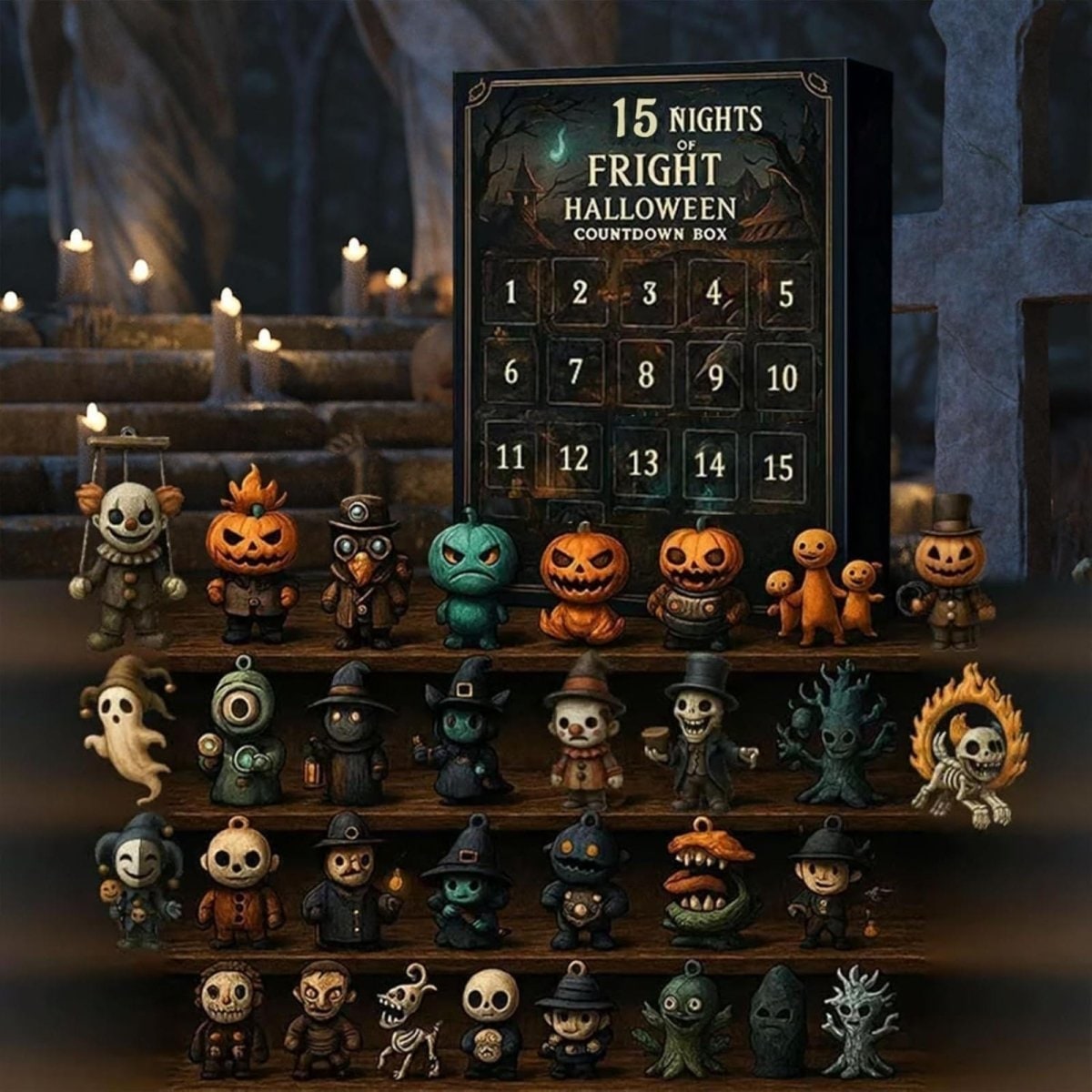Halloween Advent Calendar Countdown Decor with Spooky Miniature Figurines