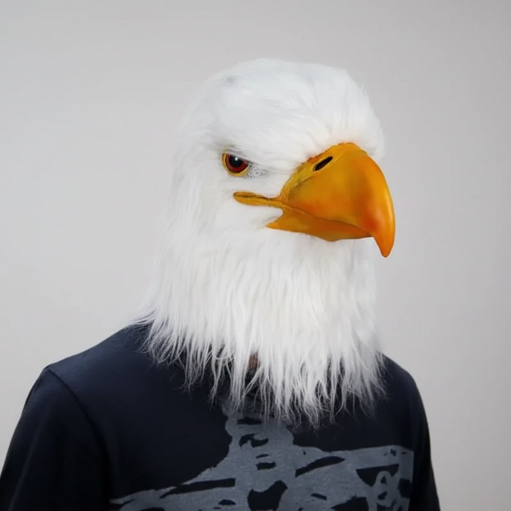 Halloween Animal Head Mask with Bald Eagle Design White Faux Fur and Yellow Beak for Party Costume