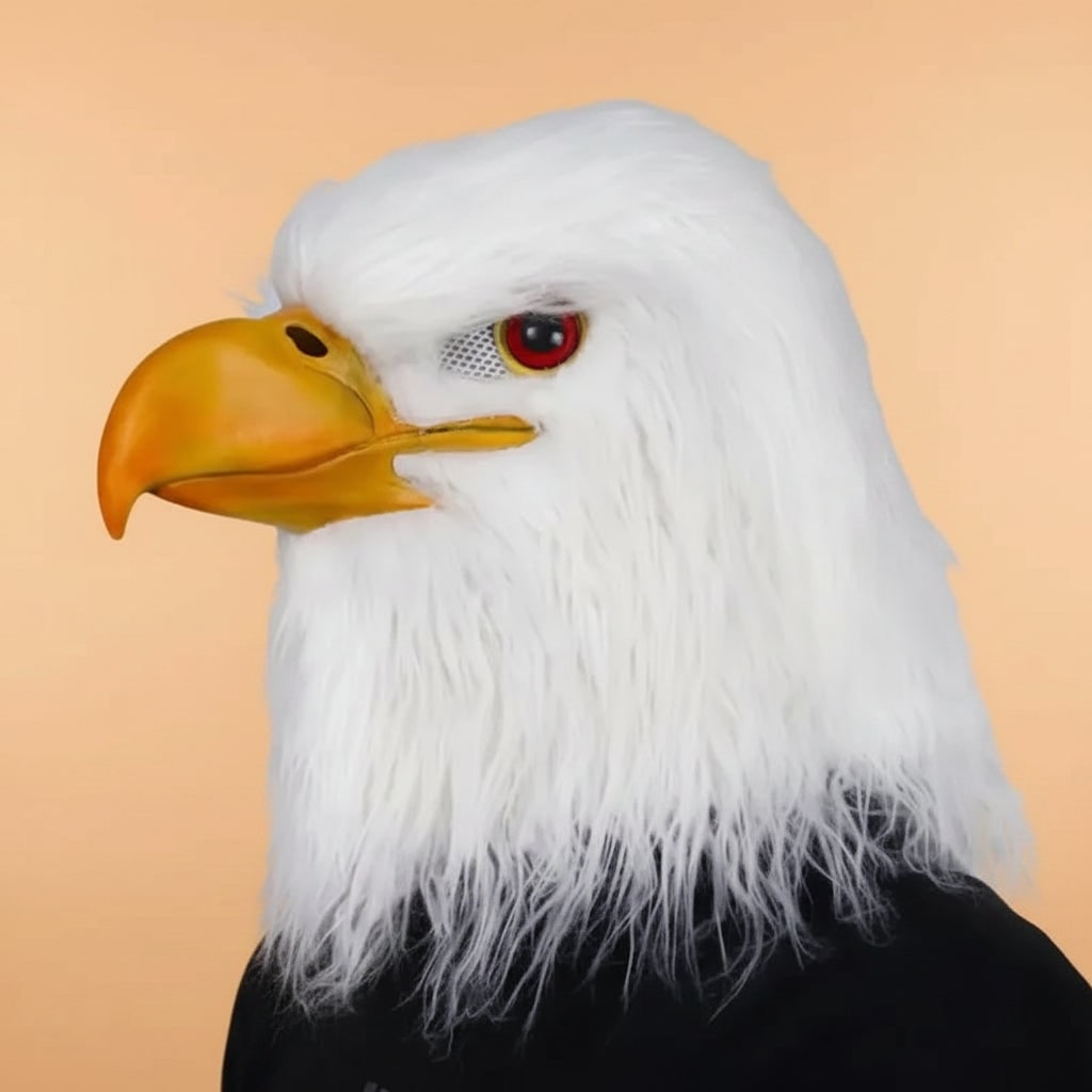 Halloween Animal Head Mask with Bald Eagle Design White Faux Fur and Yellow Beak for Party Costume