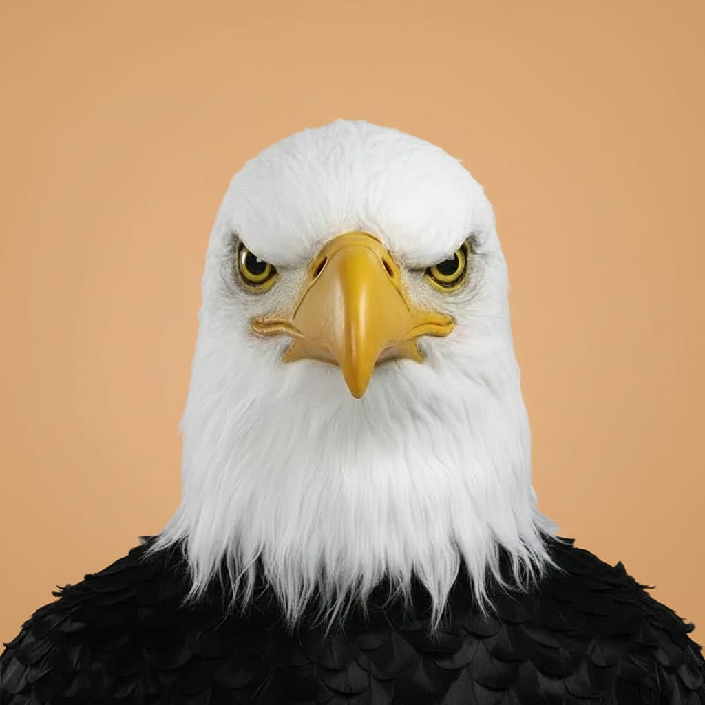 Halloween Animal Head Mask with Bald Eagle Design White Faux Fur and Yellow Beak for Party Costume
