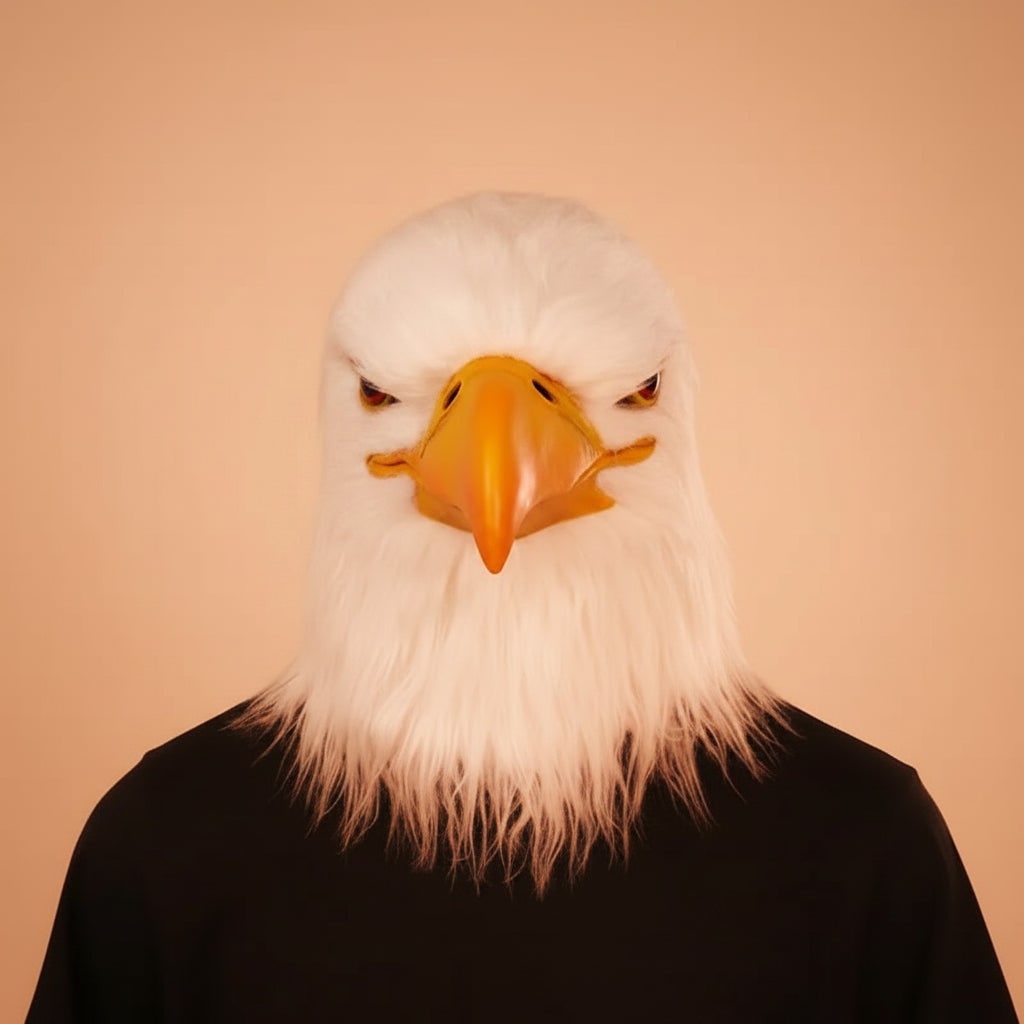 Halloween Animal Head Mask with Bald Eagle Design White Faux Fur and Yellow Beak for Party Costume