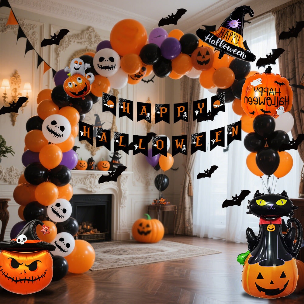 Halloween Balloon Arch Kit with Foil Banner and Tape Decoration for Party Reusable