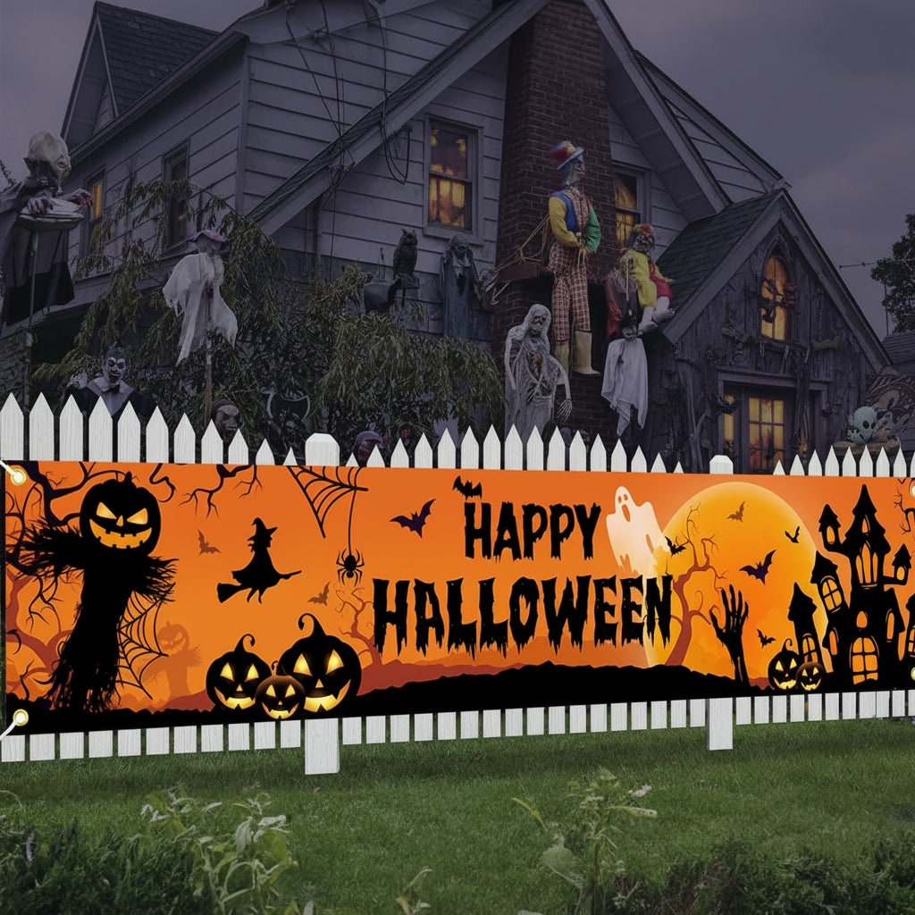 Halloween Banner Large Outdoor Decoration with Pumpkins Witch and Bats for Yard