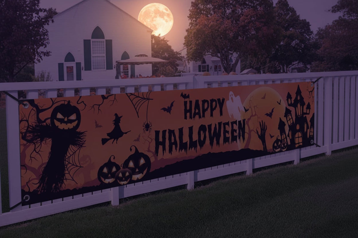Halloween Banner Large Outdoor Decoration with Pumpkins Witch and Bats for Yard