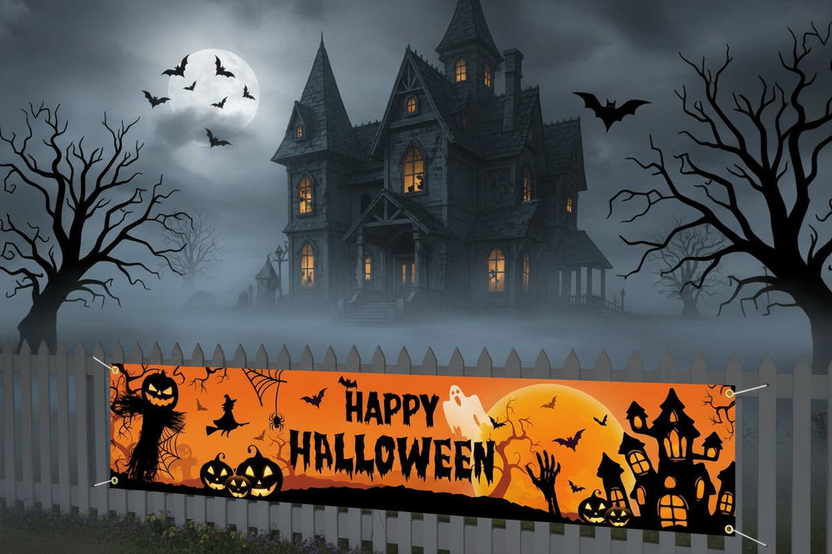 Halloween Banner Large Outdoor Decoration with Pumpkins Witch and Bats for Yard